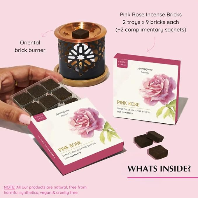 Pink Rose Incense Bricks (2 x 9 Bricks) & Oriental Burner by Aromafume | Ideal for Romance, Sensuality, Good Vibrations | Natural, Low Smoke, Non-Toxic Incense Bricks