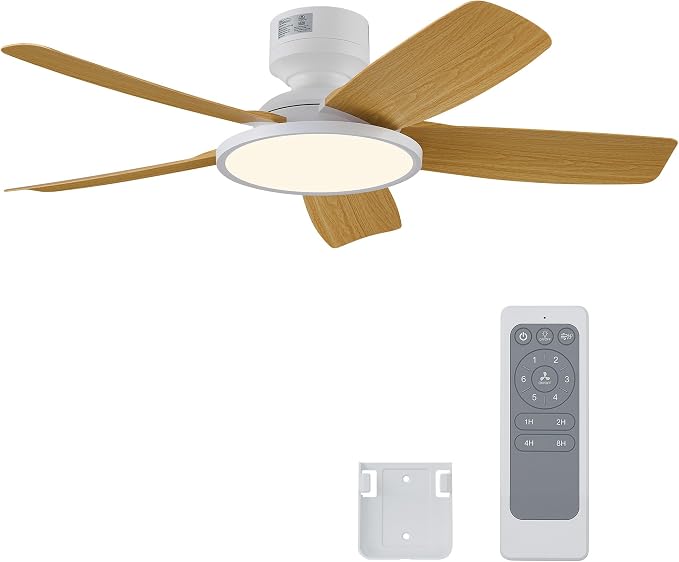 VONLUCE 42 Inch Ceiling Fan with Lights, Quick Install Ceiling Fan and Remote, 6-Speeds Noiseless Reversible DC Motor, 3CCT, Modern Ceiling Fan for Bedroom Living Room Kitchen, Light Wood Grain