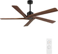 WINGBO 72" DC Ceiling Fan No Light with 3 Downrods, 5 Carved Solid Wood Blades, 6-Speed Reversible DC Motor, Large Ceiling Fan without Lights in Matte Black Finish with Walnut Blades