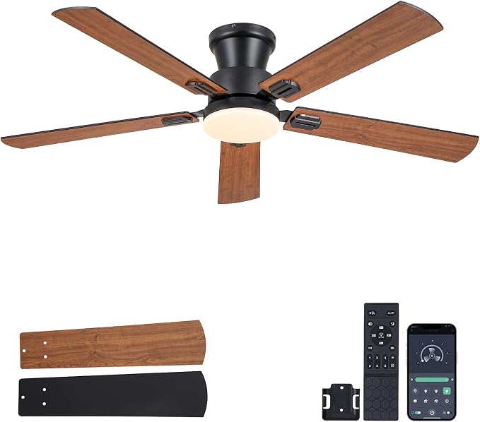 NKPU 52" Ceiling Fans with Lights, Low Profile Ceiling Fan with Light and Remote/APP Control, 6 Speed, Dimmable, Safe Quiet DC Motor, Brown Flush Mount Ceiling Fan for Bedroom Indoor/Outdoor Use