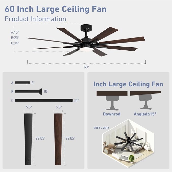 60 Inch Smart Ceiling Fan, Black Indoor/Outdoor Ceiling Fans with Lights and Remote, Compatible with Alexa/Google/App, 3CCT Dimmable 6 Speeds Timing for Living Room Bedroom Patio