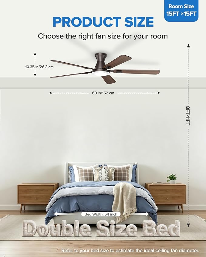 UME 60" Ceiling Fan with Lights & Remote, 6 Blades Low Profile Ceiling Fan, Quiet DC Motor, Natural Wind, 6 Speeds, 3CCT Dimmable 20W LED Modern Ceiling Fan for Bedroom, Living Room, Brown