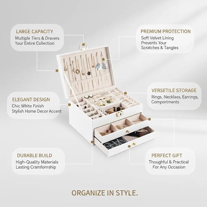 3 Layer Jewelry Box Organizer with Drawers, Lockable Holder for Women Girls | Large Capacity Storage Case with Velvet Lining, Earring Slots, Ring Cushions, Necklace Hooks, Elegant Gift for Mom