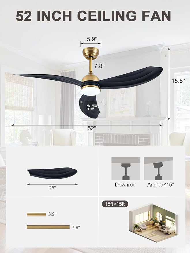Bella Depot 52 Inch Black and Gold Ceiling Fan with Light, Modern Chandelier Ceiling Fan with Dimmable LED Light, Rustic Fandelier Fan with Quiet DC Motor for Living Room Bedroom