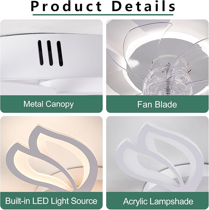 Modern Ceiling Fans with Lights, Low Profile Ceiling Fan with Remote for Bedroom, Flush Mount Ceiling Fan with LED Dimmable Light,3-Colors, 6-Speeds, Timing CeilingFan Light-White Leaves