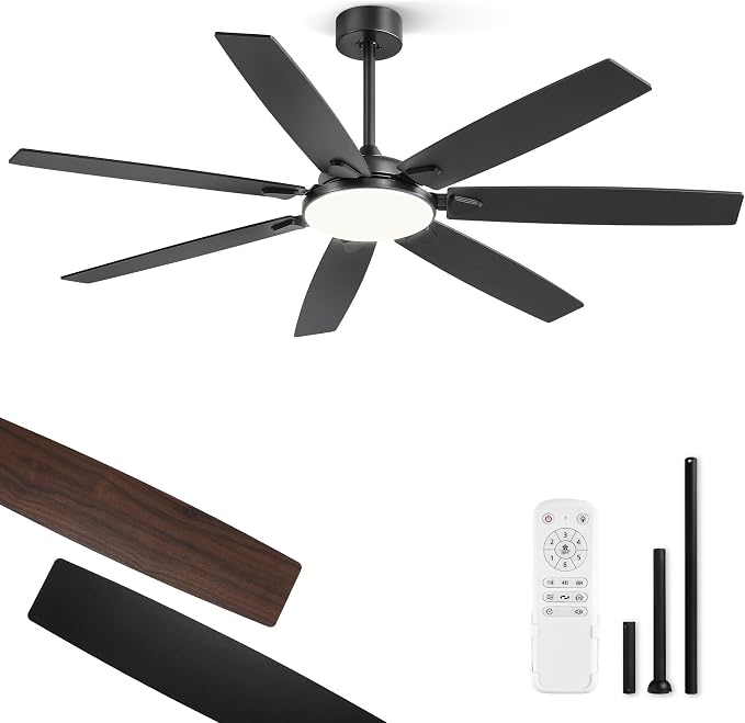 Fanbulous 62 Inch Large Ceiling Fans with Lights and Remote, Black Modern Ceiling Fan with 3CCT LED Light, Quiet DC Motor,Indoor/Outdoor Ceiling Fan with 7 Dual Finish Blades for Living Room, Patio