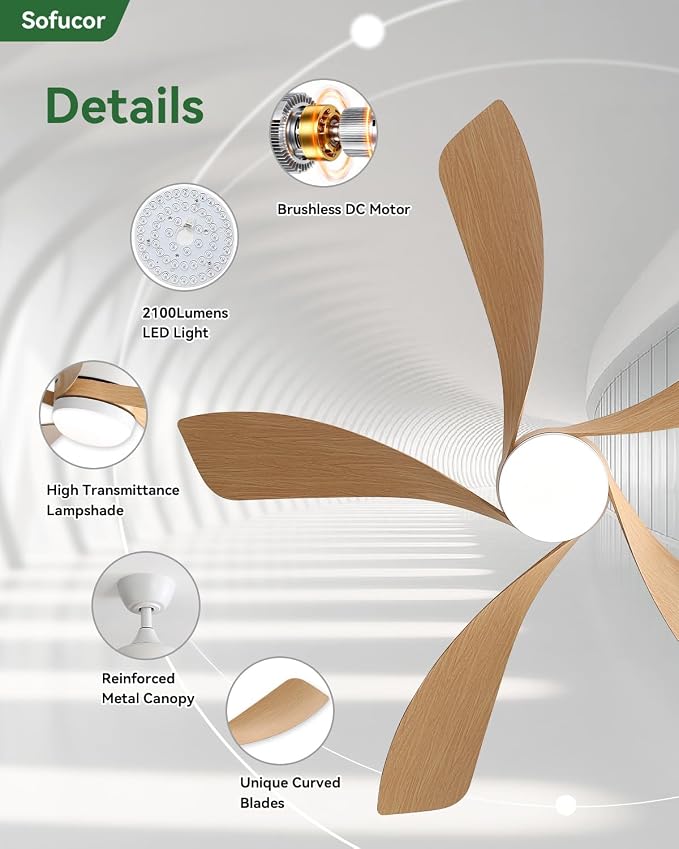 Sofucor 52" Smart Ceiling Fan, Indoor/Outdoor Ceiling Fans with Lights and Remote, Compatible with Alexa/Google/App, 3-Color Light 6-Speed Timing Reversible DC Motor for Bedroom Living Room Patio