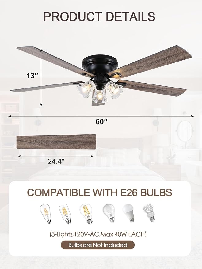 60 Inch Flush Mount Farmhouse Ceiling Fans with Lights and Remote | Reversible Blades Rustic Chandelier Fandelier with 6 Speeds, Vintage Low Profile Ceiling Fan for Living Room Bedroom Kitchen