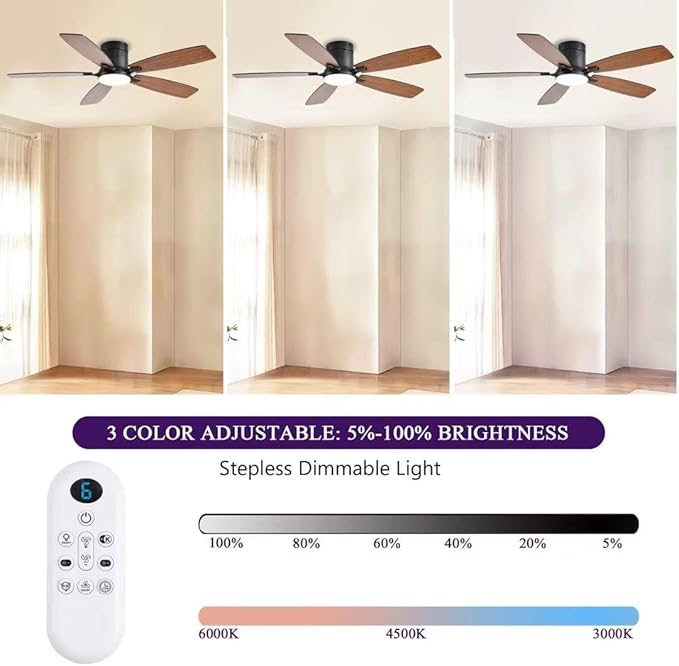 FUMLTP 52inch Ceiling Fans with Lights, Low Profile Ceiling Fan with Light and Remote Control/APP Control, Flush Mount, Reversible Motor, Dimmable, Noiseless, Brown Ceiling Fan for Bedroom (Brown)