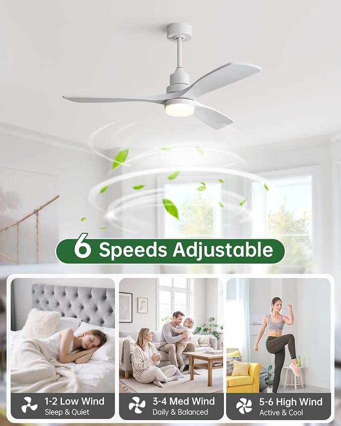 Sofucor 52 Inch Smart Ceiling Fans with Lights for APP/Remote/Voice Control | Downrod Mount, White Wood Blade,1/4/8 H Timer, 3CCT Dimmable 6 Speed, Quiet DC Motor, Outdoor Bedroom/Living Room/Patio
