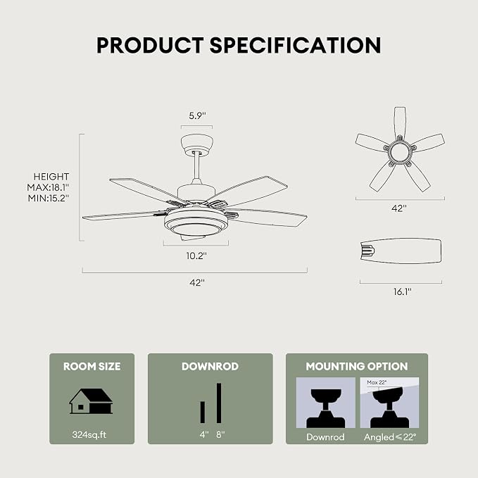 Ceiling Fans with Lights and Remote Control, 42 Inch Flush Mount Ceiling Fan with Quiet Reversible DC Motor, Dimmable LED Lighting, 6 Speeds, Timer, Nickel Ceiling Fan for Bedroom Living Room