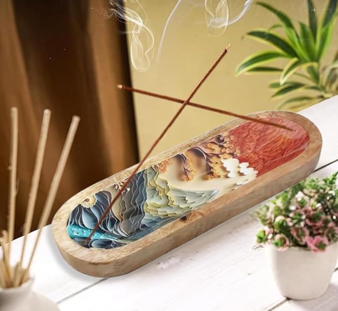 Bless-International Traditional-Handmade-Tray-Burner Wooden-Trat-Incense-Stick-Holder Ash-Catcher-Stand for-Aromatherapy-Meditation-Yoga (Beautiful Mountains, 11x4x1.22 Inches)