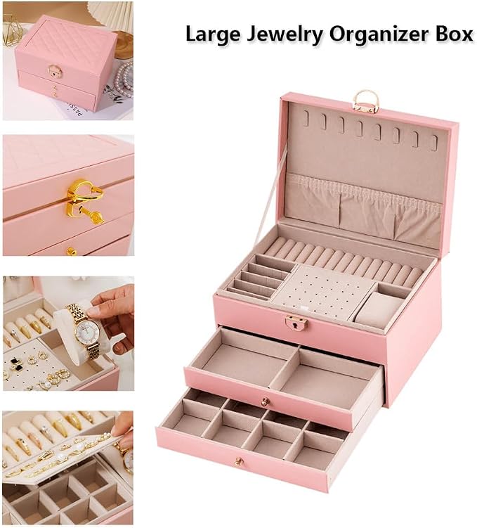GUOER Jewelry Box for Women Girls, 3 Layers Large Jewelry Organizer (Pink) | Vintage Quilting Stitching PU Leather, Earrings Bracelets Rings Necklace Watches Storage Large Jewellery Holder Case Gifts