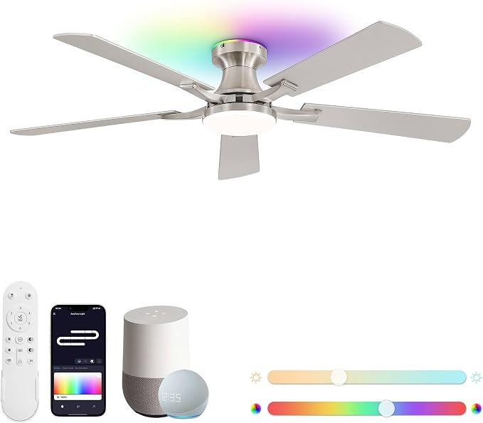 ZMISHIBO 52 Inch Ceiling Fan with RGB Lights, Low Profile Flush Mount with Alexa/App/Remote, Dimmable 20W LED Light, Nickel Modern for Living Room, Bedroom, Game Room
