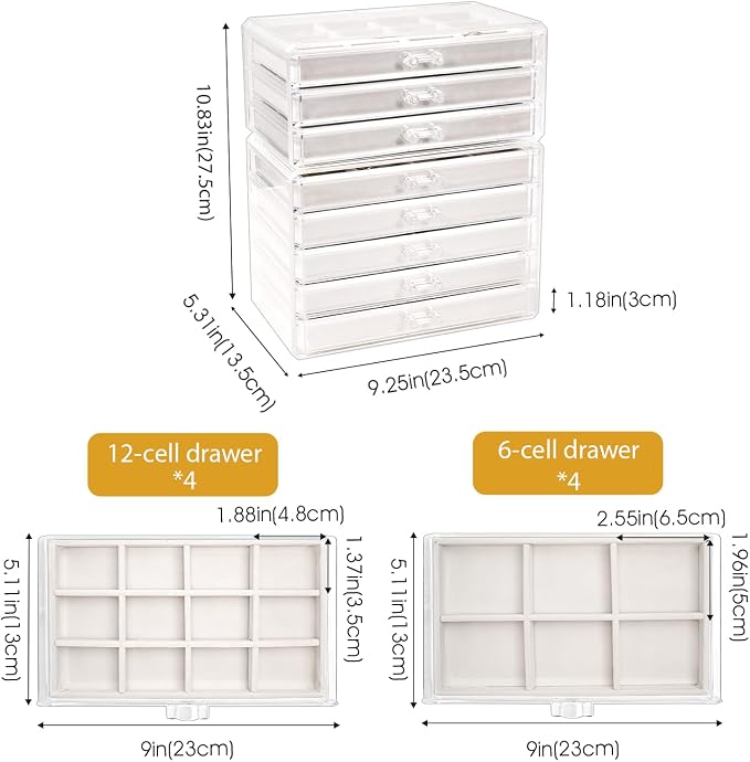 ProCase Earring Holder Organizer Jewelry Box with 8 Drawers, Acrylic Clear Earring Case with Adjustable Velvet Trays for Women - Warmwhite,8 Layers
