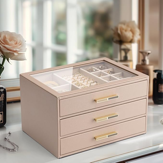 VLANDO Jewelry Box for Women, 3-Layer Jewelry Organizer with Drawers, Glass Lid Display Jewelry Storage, Soft PU Leather Exterior, Contrast Gold Metal Handles, Refined Style – Toffee
