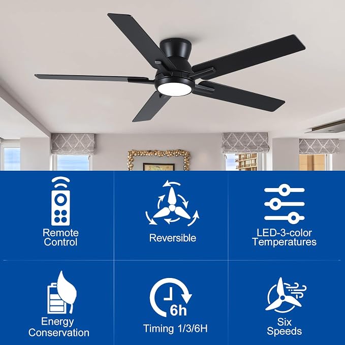 Sevenine 52'' Balck Flush Mount Ceiling Fan with Light & Remote, ETL Listed | 6 Speed, Quiet DC Motor, 3-Level Timer Function, 3 Color Temperature, Forward/Reserve For all Seasons, Indoor/Covered Outdoor