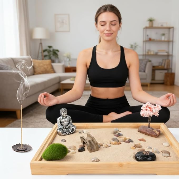 Zen Sand Garden Kit for Desk with Incense Stick Holder 11"x7.5" 6 Tools, 16 Accessories