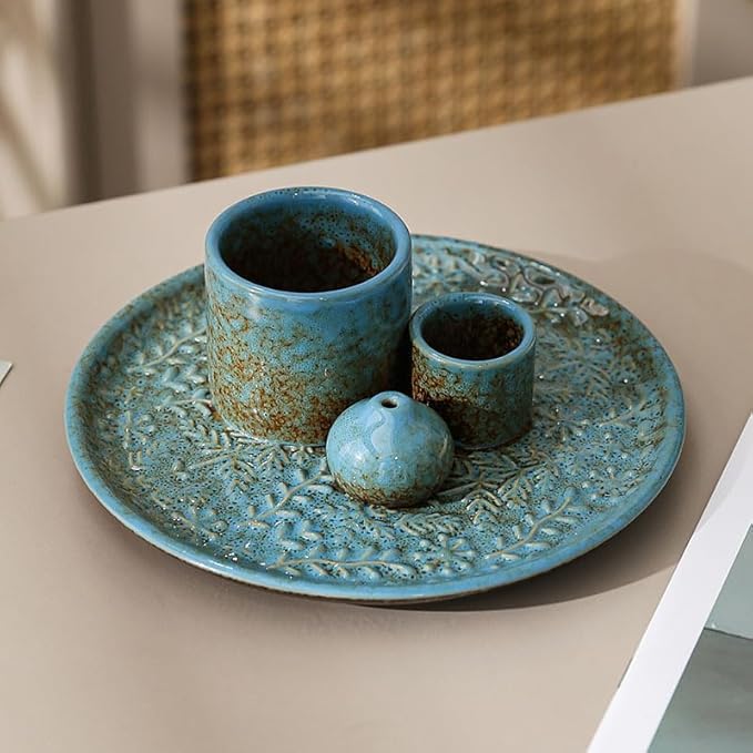 5 in 1 Incense Holder Burner, 5.9" Ceramic Holder for Burning Palo Santo Sage Candle and Incense Sticks Cones, Ash Catcher Tray for Meditation Room Home Décor (Blue)