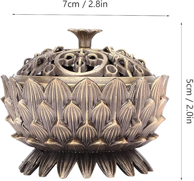 Incense Burners, Vintage Zinc Alloy Burner with Copper Ash Catcher Antique Lotus Censer for Meditation, Feng Shui Home Office and Spiritual Decor Metal Lid Meditation Relaxation 4.7" Style