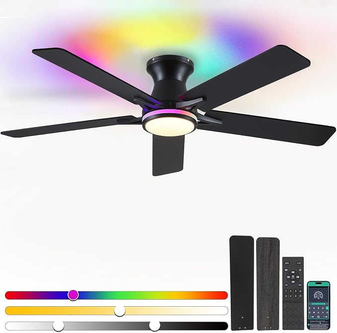 52"Black Modern Low Profile RGB Ceiling Fans with Lights and Remote/APP | 14 RGB Modes,Supports Remote and APP,6 Wind Speeds, Reversible, Dimmable 3 CCT LED, 30W DC Motor,Suits for Bedroom Kidsroom