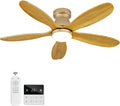 42 Inch Flush Mount Ceiling Fans with Lights and Remote, Dimmable, Wall Switch, 5 Blades Wood Ceiling Fan with Light, Low Profile Outdoor Indoor Modern Ceiling Fan for Bedroom Patio