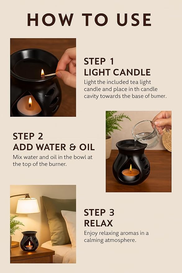 Pure Source India Ceramic Essential Oil Burner Wax Melt Burners |Aromatherapy| Ceramic Oil Diffuser| Candle Tealight Holder (Set of 1) Home Bedroom Decor Christmas Housewarming Gift, Black