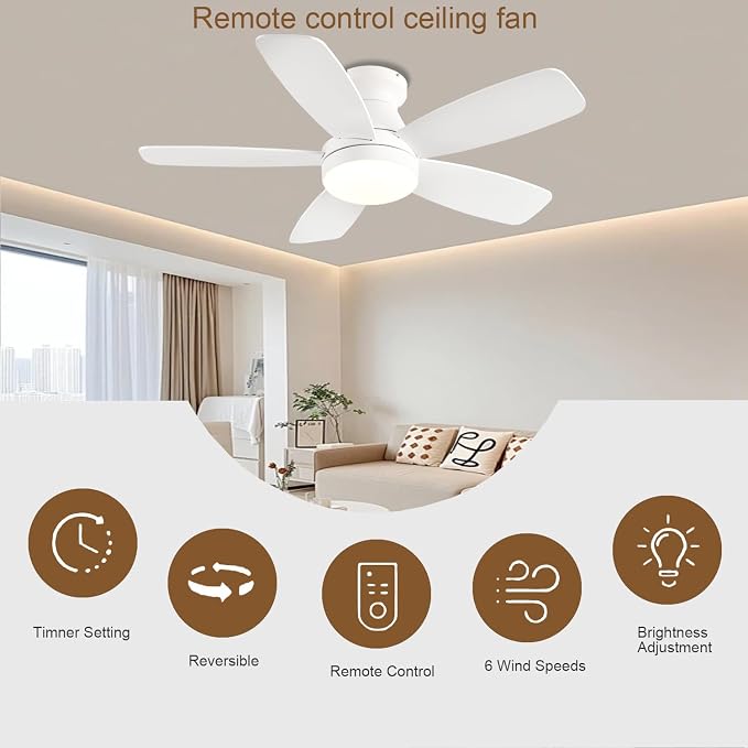 FUMLTP 42inch Flush Mount Ceiling Fans with Lights and Remote/APP Control, Dimmable LED, Reversible DC Motor, Noiseless, Low Profile White Ceiling Fan for Livingroom, Indoor/Outdoor Use
