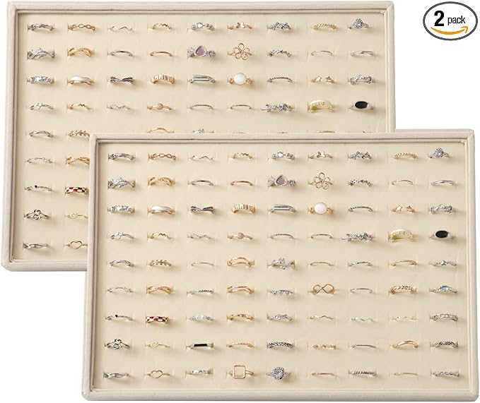Large Velvet Jewelry Tray 2 Pack Stackable Jewelry Display Drawer Inserts Trays Organizer for Earring Bracelet Necklace Ring (Beige, Ring 81 Slots)