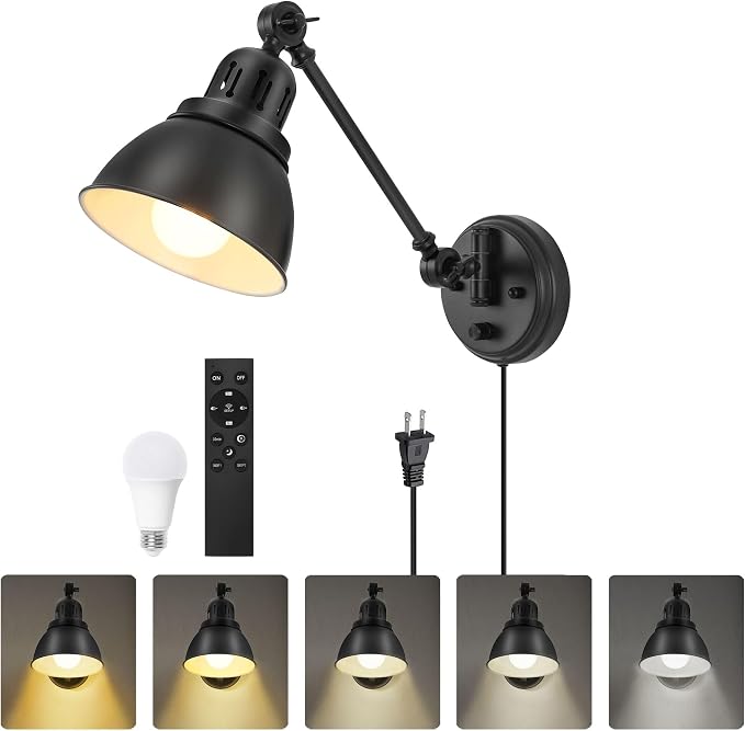GOODATE 1 Pack Plug in Wall Sconce with Remote Control, Stepless Dimming & Stepless Colors 2700K-6500K, Plug in Wall Light, Swing Arm Wall Lamp with Night Light & Timer, LED Bulb Included