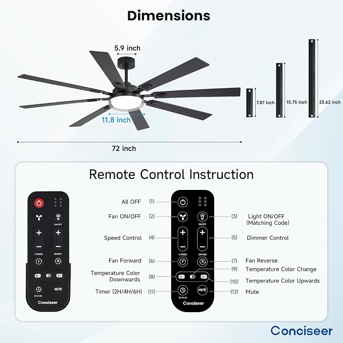 72 Inch Ceiling Fans with Lights and Remote, Living Room Office Library Industrial, 5CCT Dimmable, Dual Color 8 Blades, 6 Speed Reversible Quiet DC Motor, Double-Layer Lampshade, Black/Wood Grain