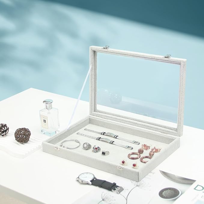 Coward Jewelry Organizer Tray Box, Grey Beige Velvet Blank Display Tray Case with Lid for Storage Necklaces Bracelets Rings Beads and Jewelry Accessories