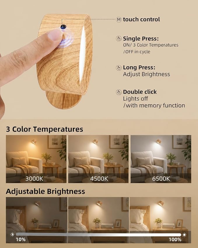 LED Wall Mounted Lights, Rechargeable Wall Sconces, 3 Color Temps, Remote & Touch, 360° Rotating and Dimmable for Bedroom, Bedside & Reading (Wood, 2 Pack)