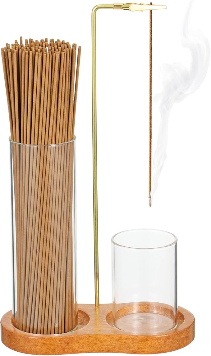 Wooden Incense Holder with Detachable Glass Ash Catcher, 2-in-1 Anti-Ash Burner for Sticks with Storage Base, Wood Meditation Yoga Spa Room Decor Home Altar Gift, Brown