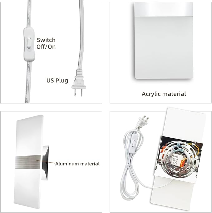 KICAAO Wall Sconces, Modern Wall Sconce Plug in 10W 6000K Cool White Acrylic Wall Lights with 6FT/180cm Plug in Cord and On/Off Switch on The Cord (1 Pack)