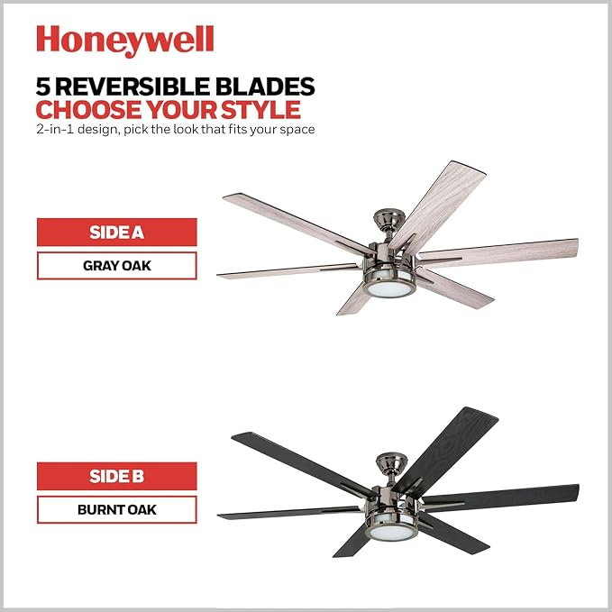 Honeywell Ceiling Fans Kaliza Modern 56 Inch Ceiling Fan with Light, Remote Control Fan, LED Indoor Fan with 6 Blades, Black Pine and Pewter Blade Finish Options, Matte Nickel (51626-01)