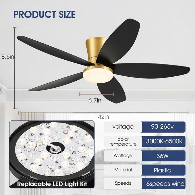 Surtime 42" Ceiling Fans with Lights-Low Profile Ceiling Fan with Light and Remote/APP Control,Flush Mount Gold Ceiling Fan with Reversible Black Blades