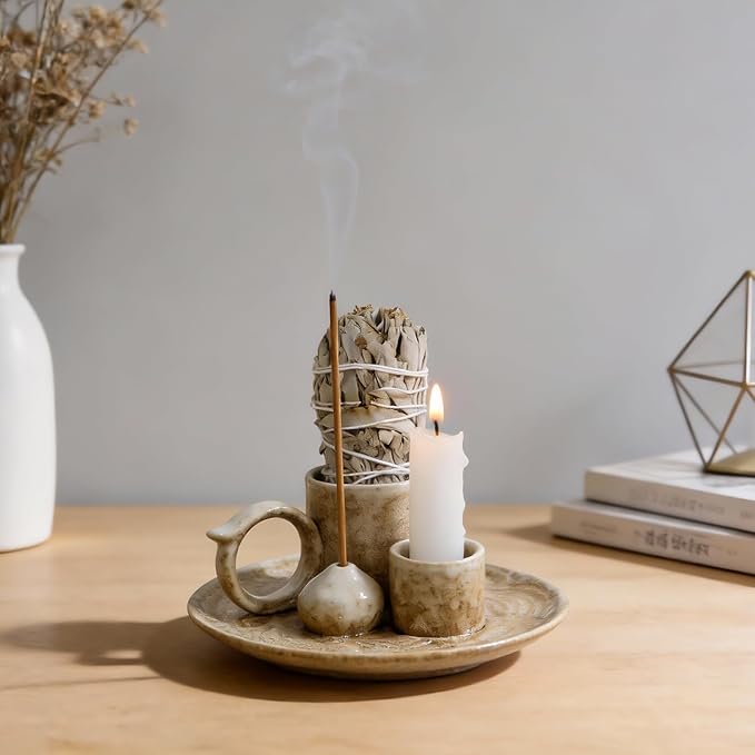 Tnstbiee 4.1-Inch 5-in-1 Ceramic Smudge Bowl-Versatile Incense Stick Holder and Smudging Dish for Palo Santo and Sage–Ideal for Zen Altar, Meditation,Yoga, and Aromatherapy–Easy to Clean Brown Design