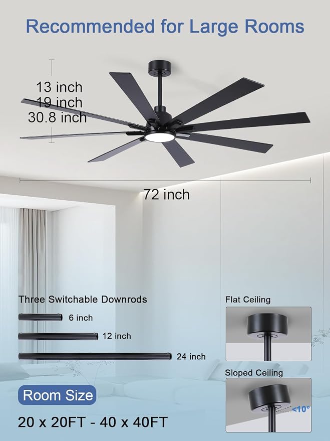 72 Inch Ceiling Fans with Lights and Remote, Pure Copper DC Motor Black Large Indoor/Outdoor Modern Industrial Ceiling Fan, Quiet, 6 Speed, 3CCT, for Patios Living Room Farmhouse Garage