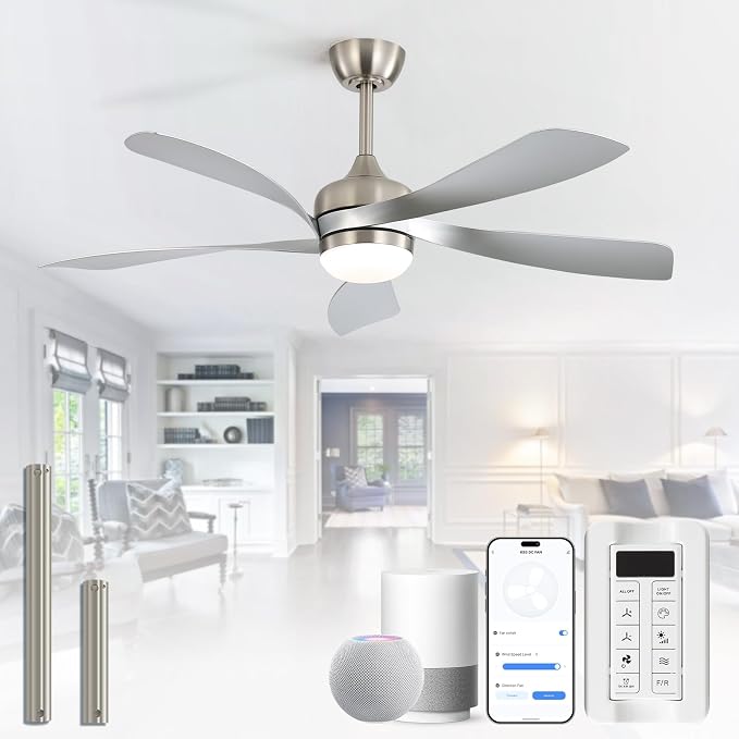 CACI Mall 52 inch Smart Ceiling Fan with Lights, Remote Control, Compatible with Alexa/Google/App, 5 Blades, Dimmable Lighting, Quiet, Indoor/Outdoor Ceiling Fans for Living Room, Bedroom, Patios