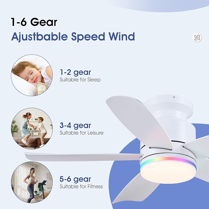 Wiviniya Ceiling Fans with RGB Lights Remote/APP Control, 41 inch Flush Mount Ceiling Fan, 3 CCT LED Dimmable White Lights + RGB Ring Lights, 5 Reversible Plastic Blades 6 Speeds for Kidsroom, White