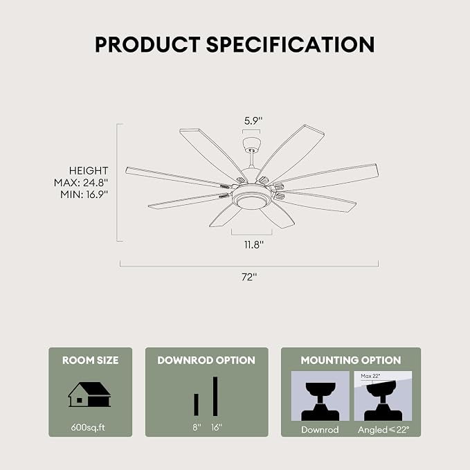 Fanbliss 72 Inch Grey Large Ceiling Fans with Lights and Remote Control, Modern Ceiling Fan with Quiet Reversible DC Motor, Ceiling fan Light for Living Room, Patio, Indoor, Outdoor