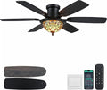 Tiffany Ceiling Fans with Lights - 52" Ceiling Fan Chandelier with Stained Glass Shade, 6 Speeds Reversible 6 Dual-Blades, Flush Mount, 3 CCT Dimmable LED Lights, Remote & APP Control, Farmhouse