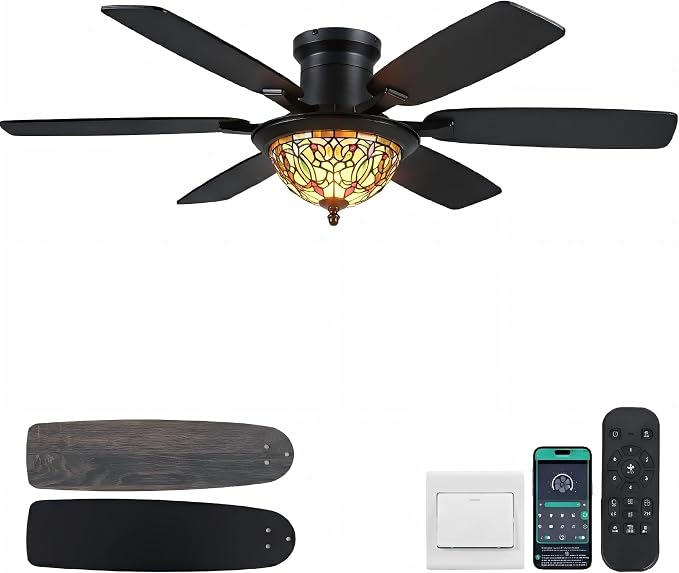Tiffany Ceiling Fans with Lights - 52" Ceiling Fan Chandelier with Stained Glass Shade, 6 Speeds Reversible 6 Dual-Blades, Flush Mount, 3 CCT Dimmable LED Lights, Remote & APP Control, Farmhouse