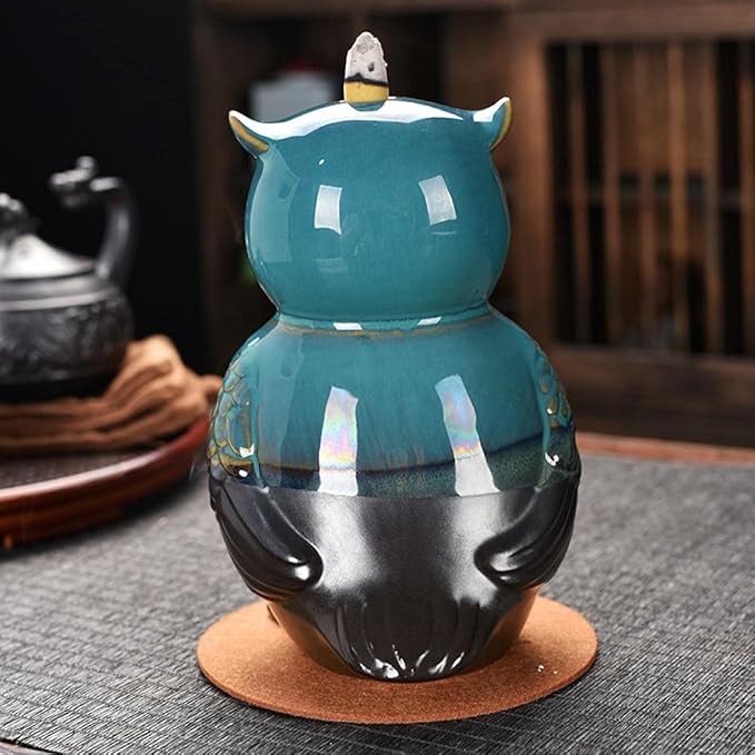 Backflow Incense Burner Holder Owl Shape Waterfall Porcelain Incense Holder Home Decor with Incense Cone Sticks Holder Incense Sticks Backflow Incense Cones Mat Tweezer Gift Set