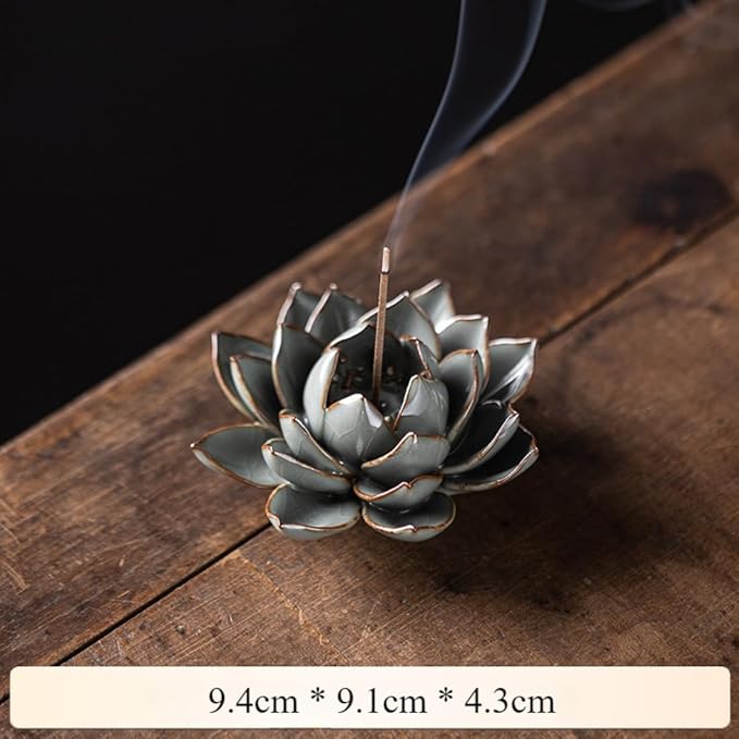 Ceramic Lotus Flower Thread Incense Burner Holder Handmade Zen Aromatherapy Incense Stick Tray for Office Teahouse Yoga Studios (Medium)