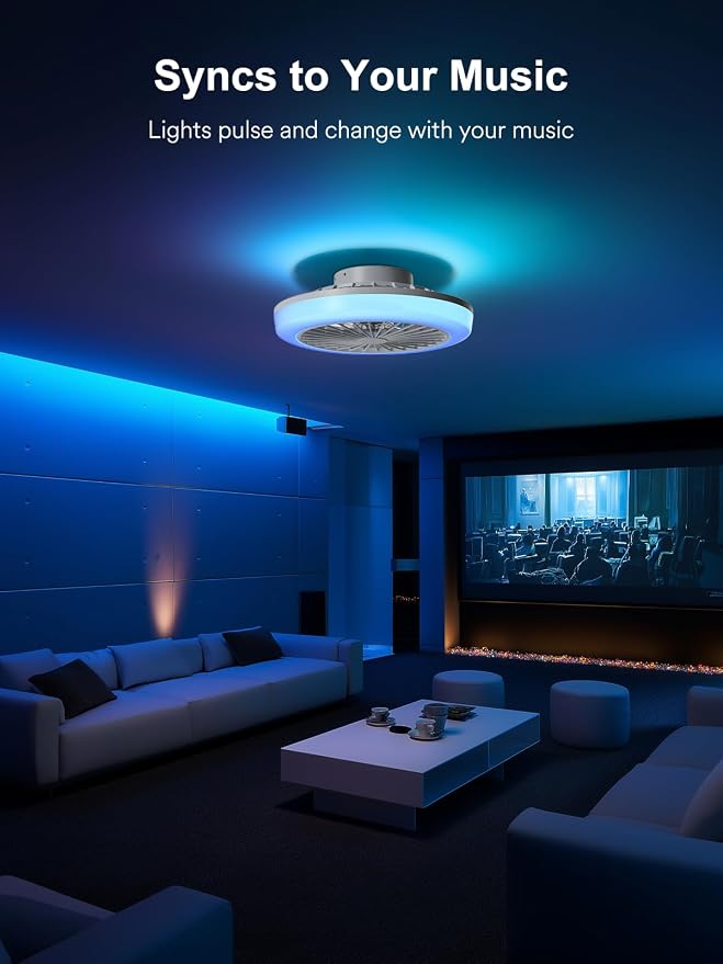 18 Inch Smart Bladeless Ceiling Fan with Lights (17inch) | Low Profile Flush Mount Fandelier, RGBWW Dimmable LED Ceiling Fan, Remote & Bluetooth App Control, 6 Speeds