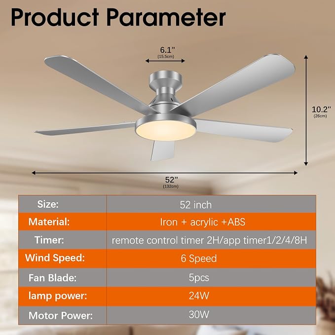 Ceiling Fans with Lights, 52 inch Low Profile Ceiling Fan with Light, Remote/App Control, Flush Mount Modern Ceiling Fan for Bedroom, Indoor/Outdoor (Silver)