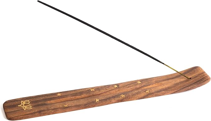 Incense Garden Wooden Incense Holder for Sticks with Inlays of Brass Lotus Flower 10 inches Long