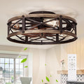 SHLUCE 19" Farmhouse Flush Mount Caged Ceiling Fans with Lights, Fandelier Rustic Low Profile Ceiling Fan with Light and Remote, Small Bladeless Ceiling Fans with Lights for Kitchen, Bedroom - ETL